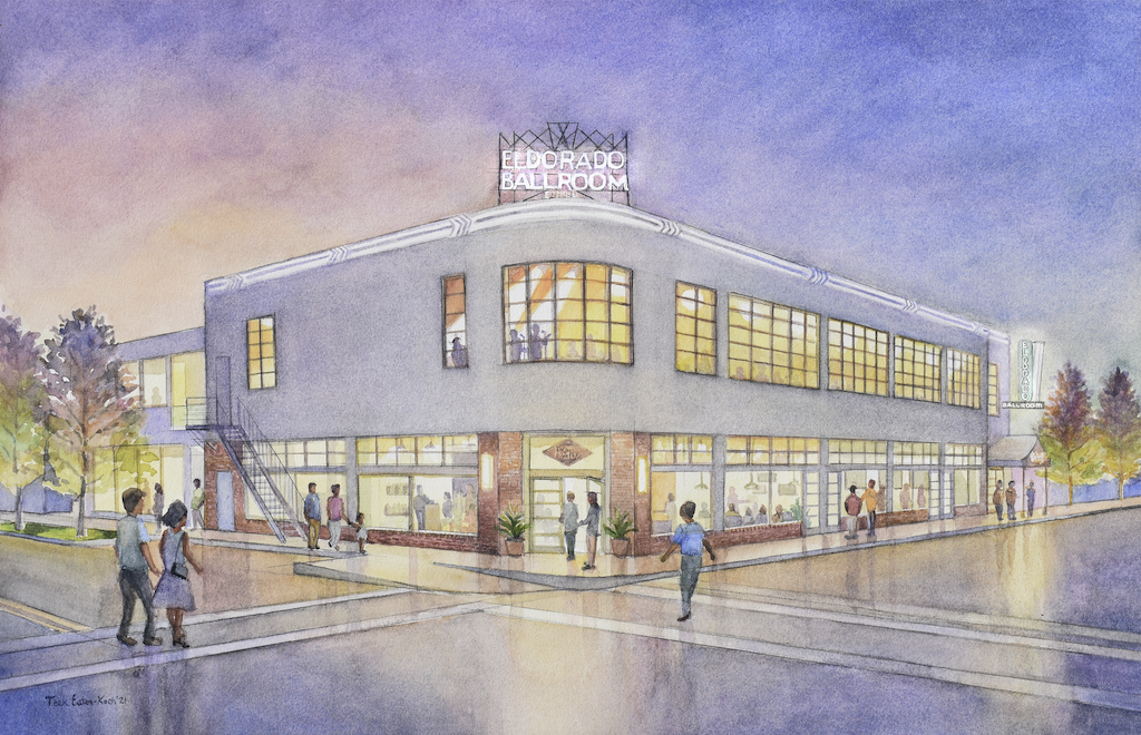 An artist's rendering of the rehabilitated Eldorado Ballroom, a two-story white building that bridges the Art Deco / International Style, with large windows and glowing royal blue neon trim.